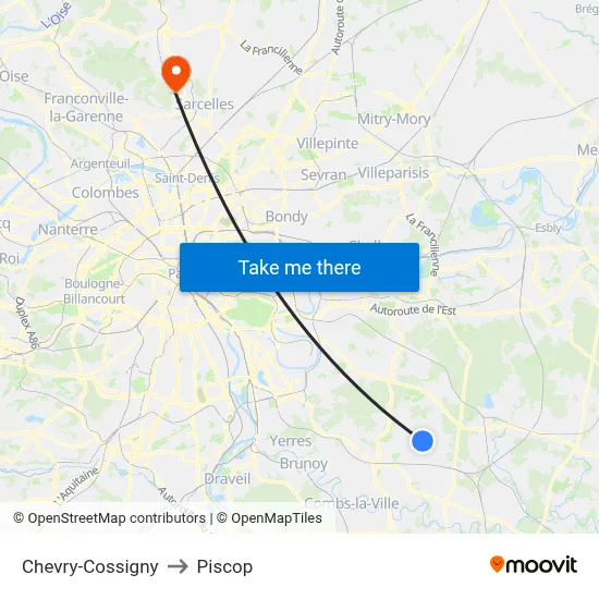 Chevry-Cossigny to Piscop map