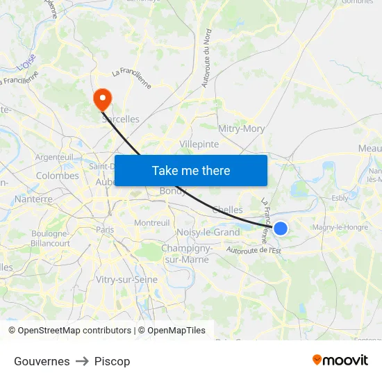 Gouvernes to Piscop map