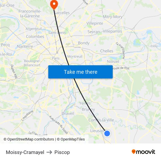 Moissy-Cramayel to Piscop map