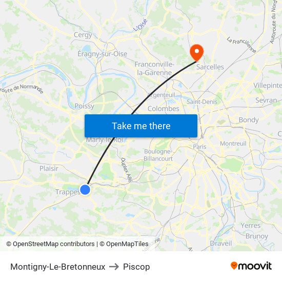 Montigny-Le-Bretonneux to Piscop map