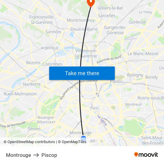 Montrouge to Piscop map