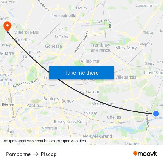 Pomponne to Piscop map