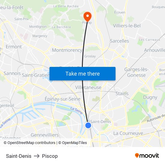 Saint-Denis to Piscop map