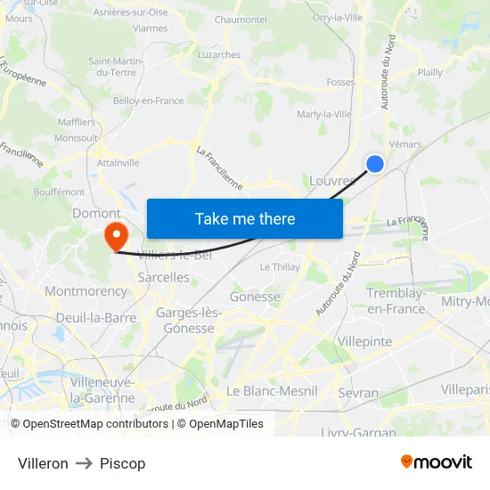 Villeron to Piscop map