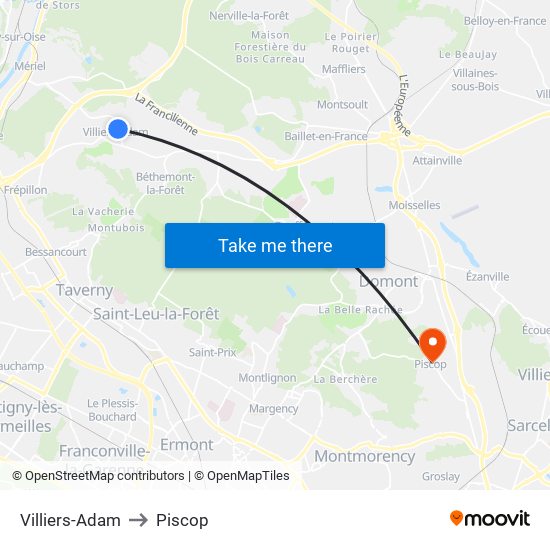 Villiers-Adam to Piscop map
