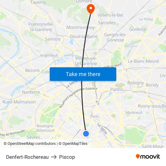 Denfert-Rochereau to Piscop map