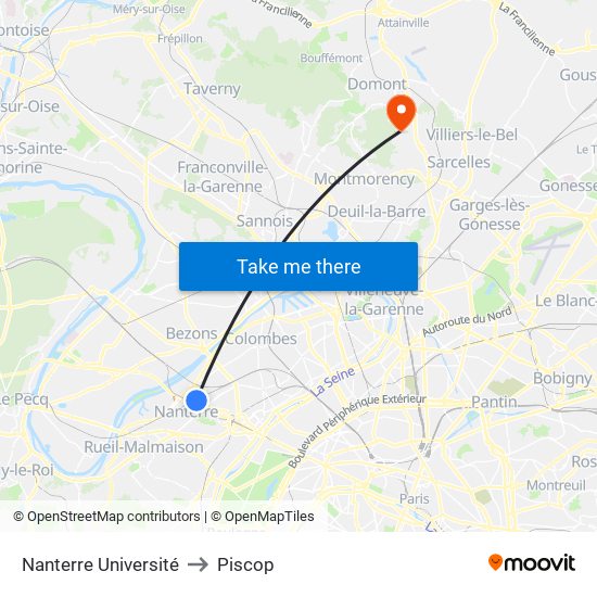 Nanterre Université to Piscop map