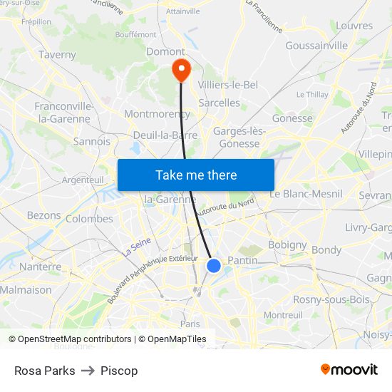 Rosa Parks to Piscop map