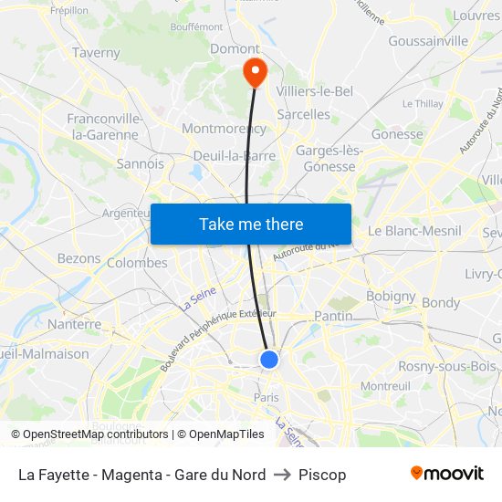 La Fayette - Magenta - Gare du Nord to Piscop map