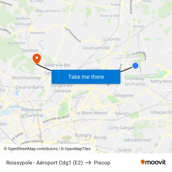 Roissypole - Aéroport Cdg1 (E2) to Piscop map
