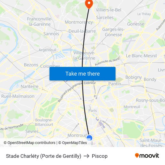 Stade Charléty (Porte de Gentilly) to Piscop map
