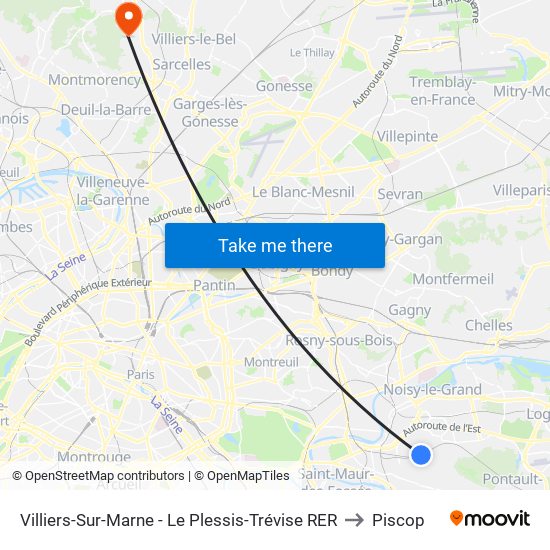 Villiers-Sur-Marne - Le Plessis-Trévise RER to Piscop map