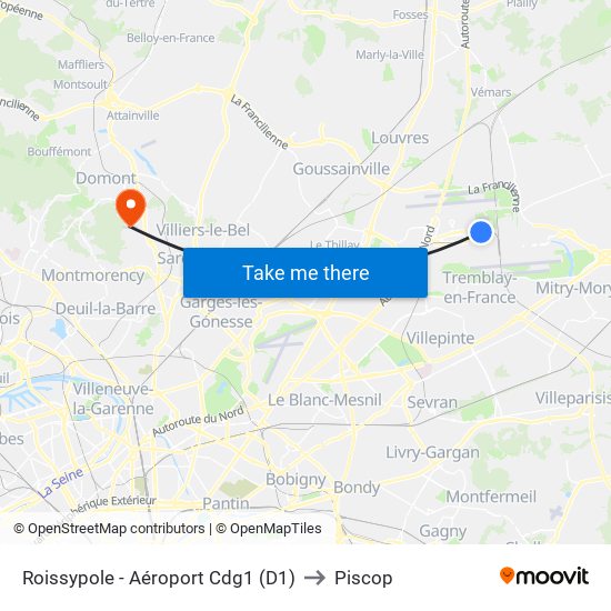 Roissypole - Aéroport Cdg1 (D1) to Piscop map