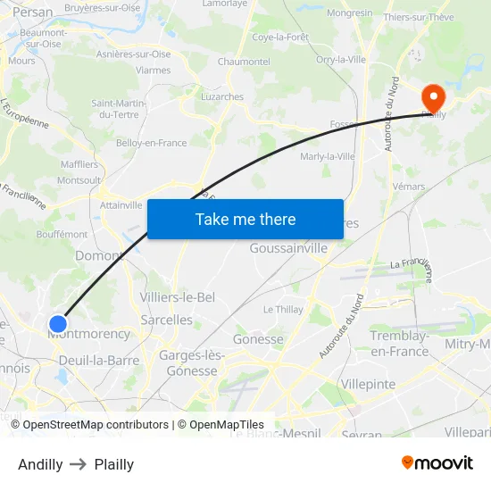 Andilly to Plailly map