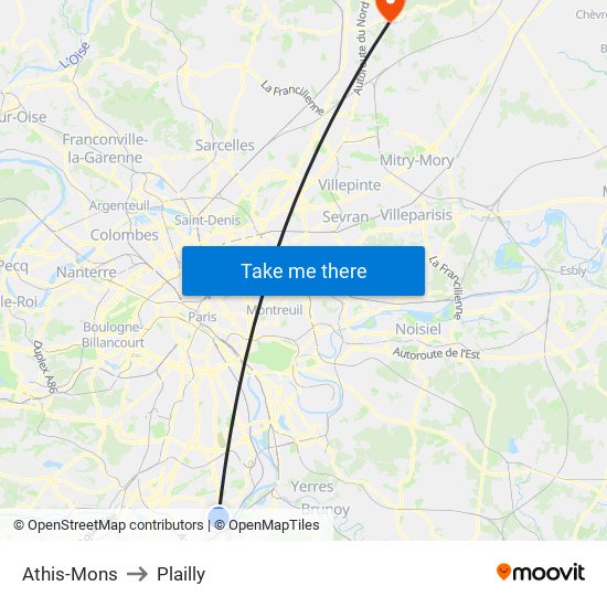 Athis-Mons to Plailly map