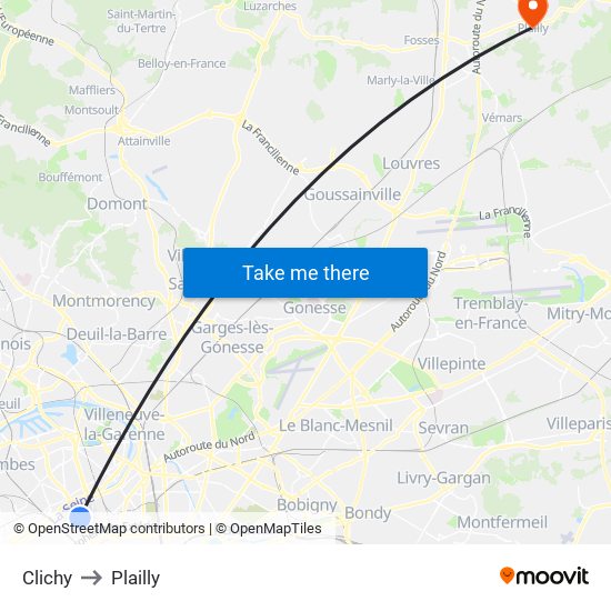 Clichy to Plailly map