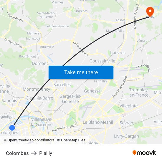 Colombes to Plailly map