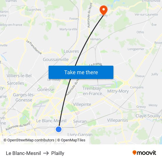 Le Blanc-Mesnil to Plailly map