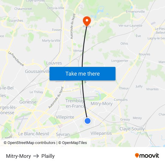 Mitry-Mory to Plailly map