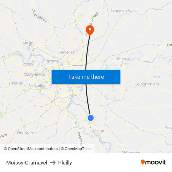 Moissy-Cramayel to Plailly map