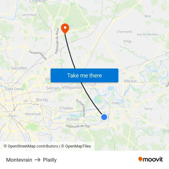 Montevrain to Plailly map