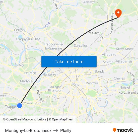 Montigny-Le-Bretonneux to Plailly map