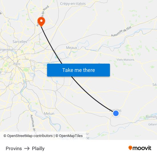 Provins to Plailly map