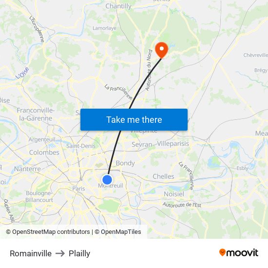Romainville to Plailly map