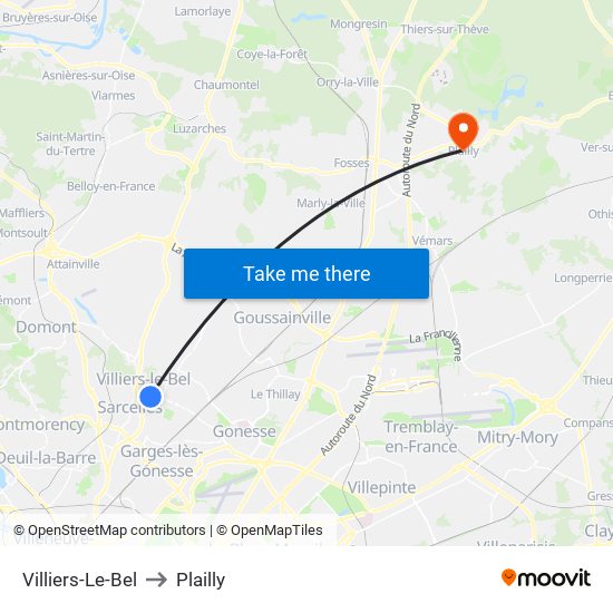 Villiers-Le-Bel to Plailly map