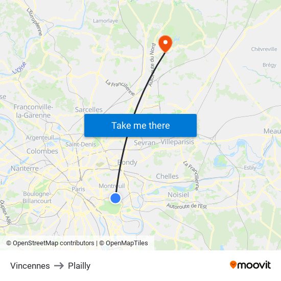 Vincennes to Plailly map