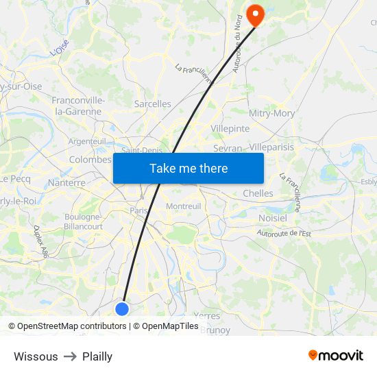 Wissous to Plailly map