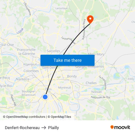 Denfert-Rochereau to Plailly map