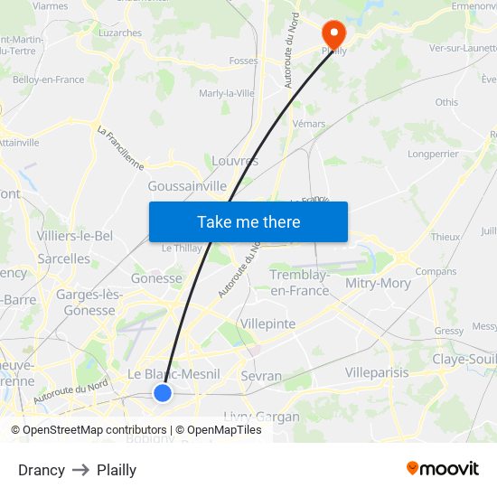 Drancy to Plailly map