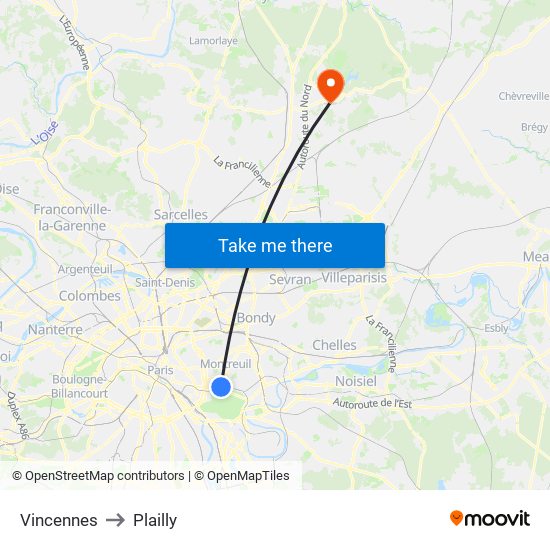 Vincennes to Plailly map