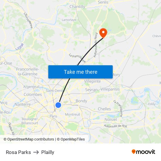 Rosa Parks to Plailly map