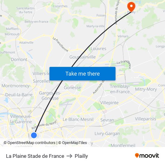 La Plaine Stade de France to Plailly map