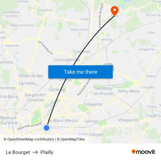 Le Bourget to Plailly map