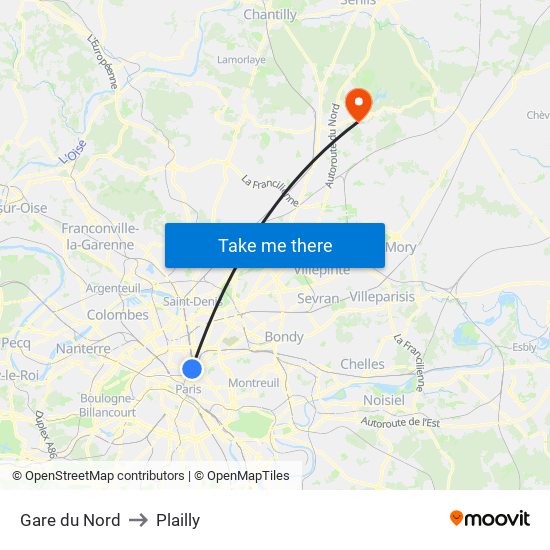 Gare du Nord to Plailly map
