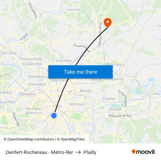 Denfert-Rochereau - Métro-Rer to Plailly map
