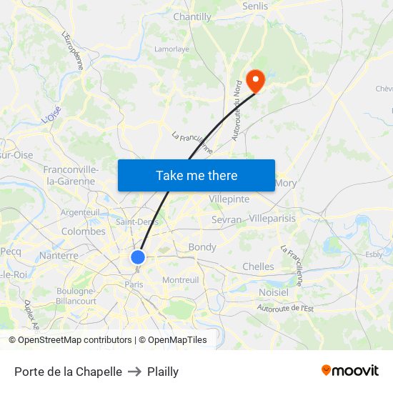 Porte de la Chapelle to Plailly map