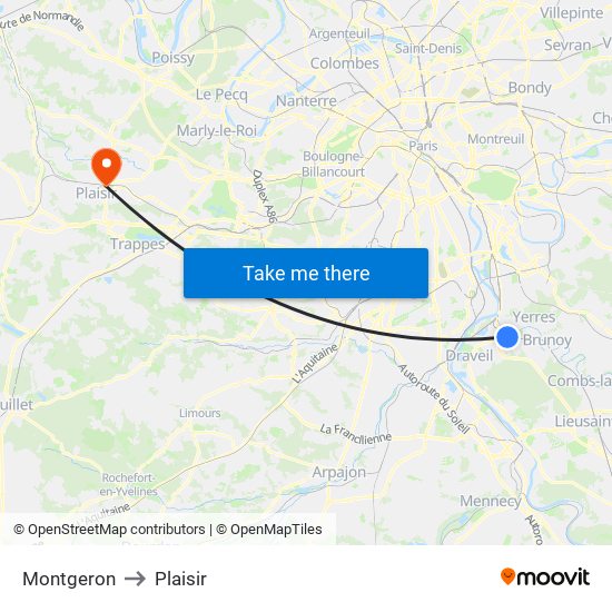 Montgeron to Plaisir map