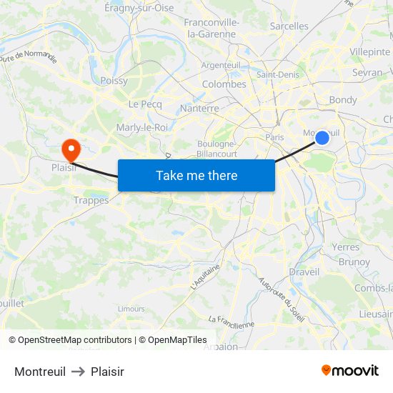 Montreuil to Plaisir map