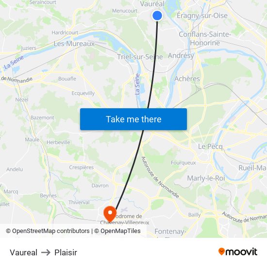 Vaureal to Plaisir map