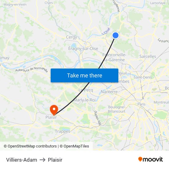Villiers-Adam to Plaisir map