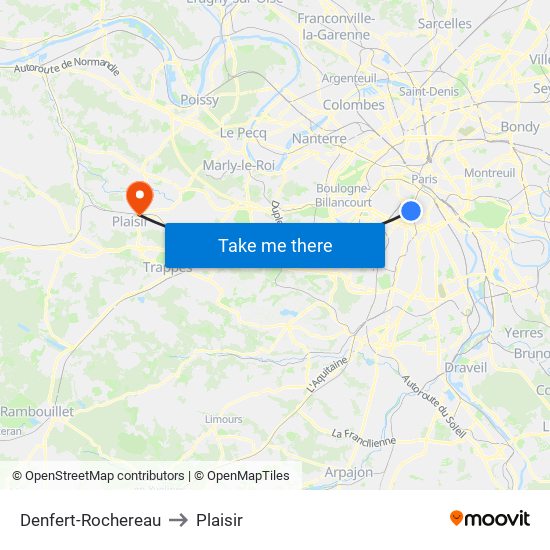 Denfert-Rochereau to Plaisir map