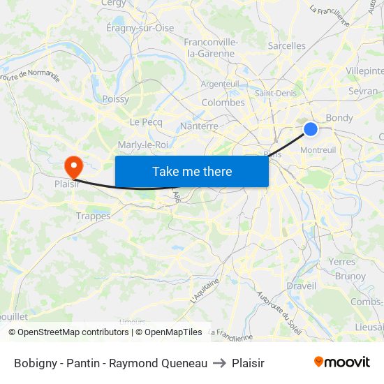 Bobigny - Pantin - Raymond Queneau to Plaisir map