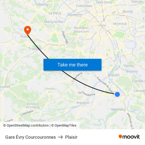 Gare Évry Courcouronnes to Plaisir map