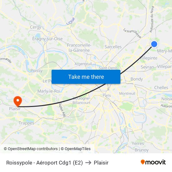 Roissypole - Aéroport Cdg1 (E2) to Plaisir map