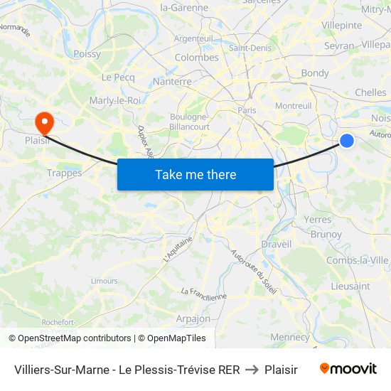 Villiers-Sur-Marne - Le Plessis-Trévise RER to Plaisir map