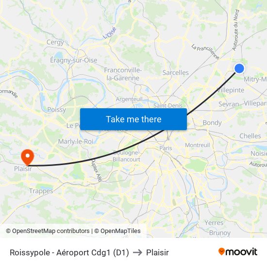 Roissypole - Aéroport Cdg1 (D1) to Plaisir map